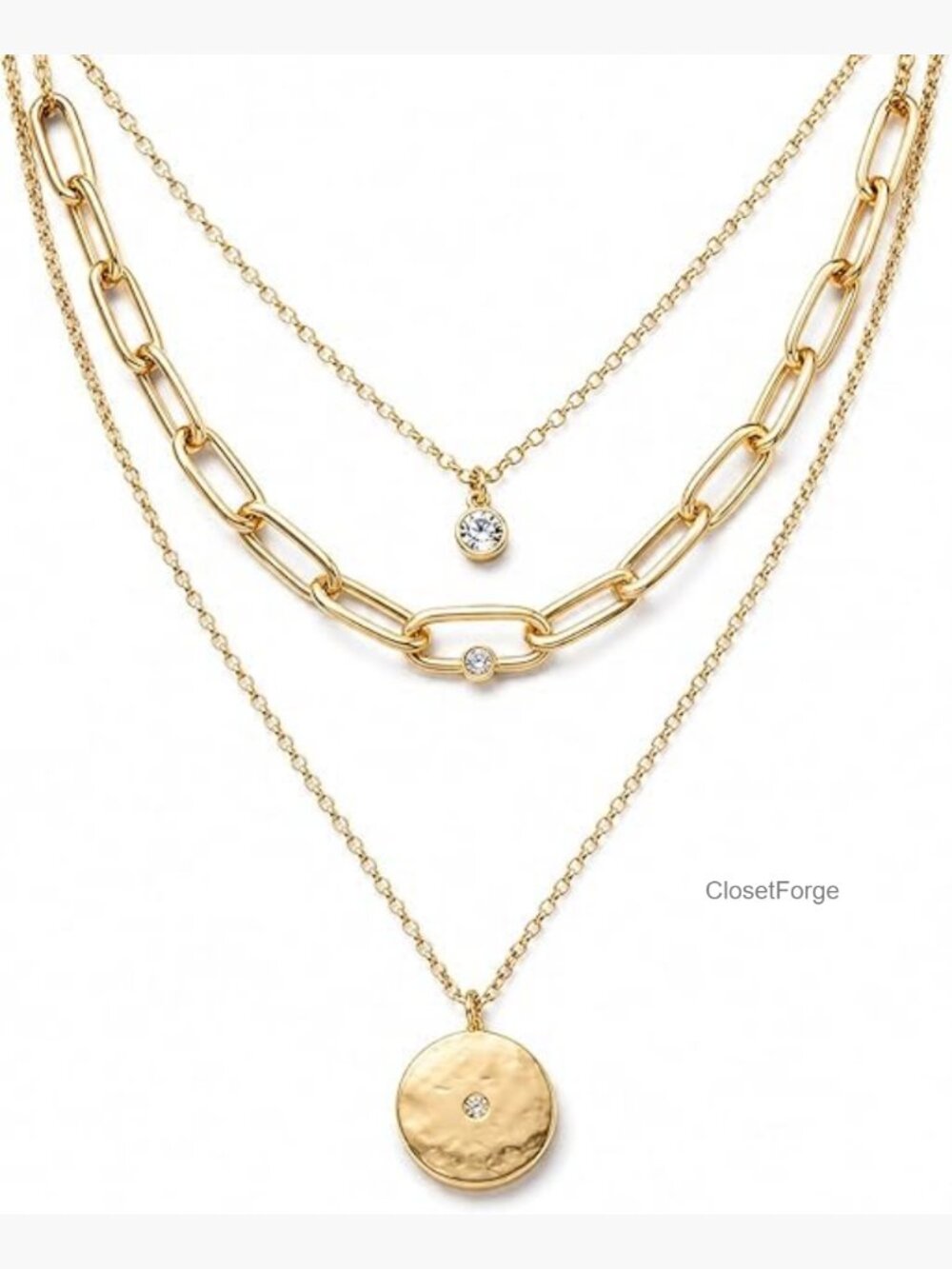 Mixed Metal Layered Necklace Set - 3PCS Chunky Paperclip & Coin Pendant Stack